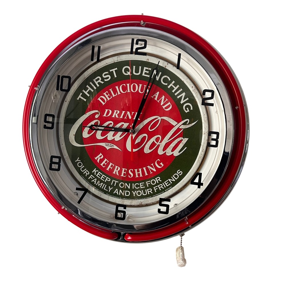 Coca-Cola Neon Wall Clock Retro Red Light Chrome Trim Soda Advertising Sign